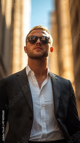 A businessman in the city, wearing sunglasses, stands confidently while gazing off into the distance, away from the camera........