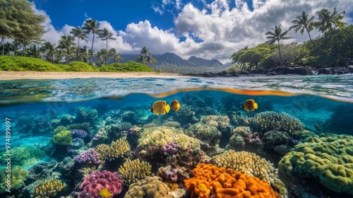 Vibrant coral reef near a Hawaii beach with colorful fish swimming