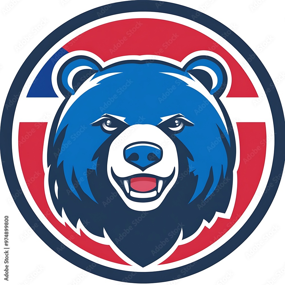 Blue bear mascot logo in circle with red white and blue background Blue bear mascot logo in circle with red white and blue background