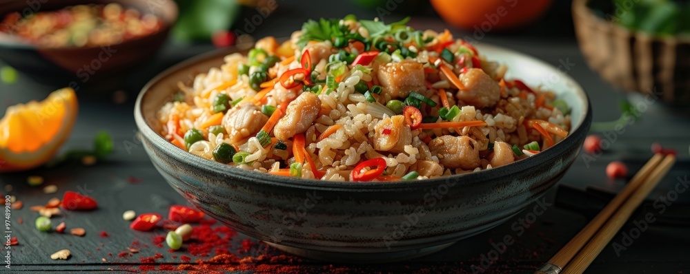 A bowl of Asian chicken fried rice with green onions, red chili peppers, and carrots. A bowl of Asian chicken fried rice with green onions, red chili peppers, and carrots.