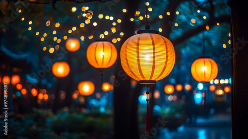 Wallpaper Mural Illuminated lanterns hanging in a tranquil garden during a nighttime celebration Torontodigital.ca