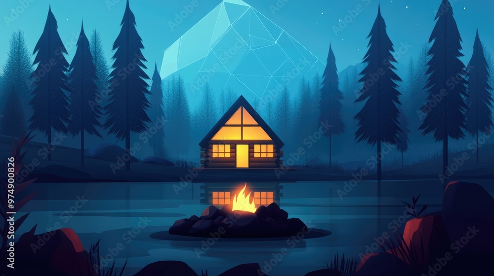 Fototapeta premium Blurred Abstract Log Cabin In Neural Network Style Surrounded By Trees And Featuring A Stone Fire Pit In Front