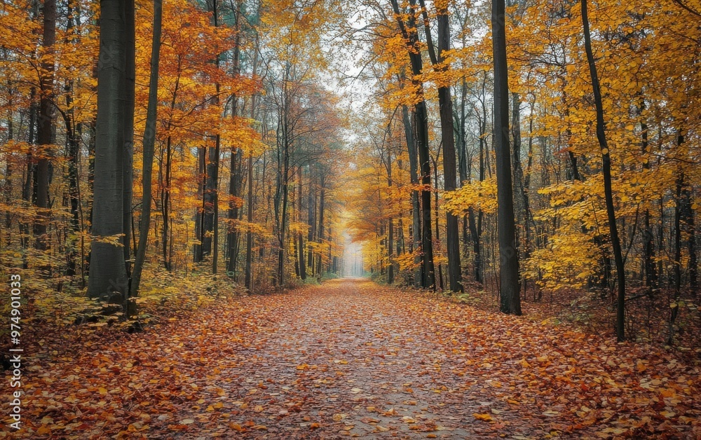 Obraz premium A tranquil forest path adorned with vibrant autumn leaves in a serene golden-hued woodland setting