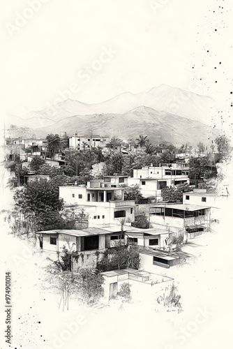 Villa Nueva, Guatemala, black and white pen pencil hand-drawn effect portrait drawing illustration for travel poster, card, wallpaper, backdrop or banner. Modern, clear, artistic and simple