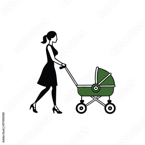 a woman walking with her baby wheel car, vector silhouette illustration, isolated white background, 