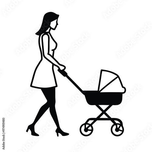 a woman walking with her baby wheel car, vector silhouette illustration, isolated white background, 