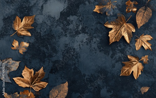 Colorful autumn leaves scattered on a wet dark surface 