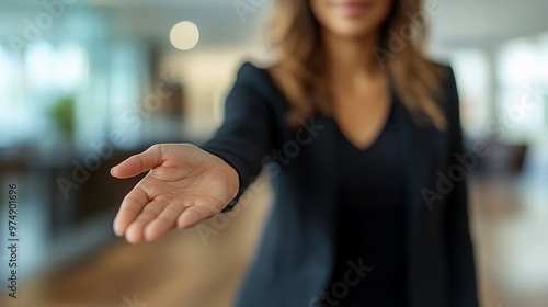 A professional HR recruiter reaches out with an inviting handshake, symbolizing new opportunities, trust, and a welcoming work environment. The background is blurred, emphasizing the gesture of connec