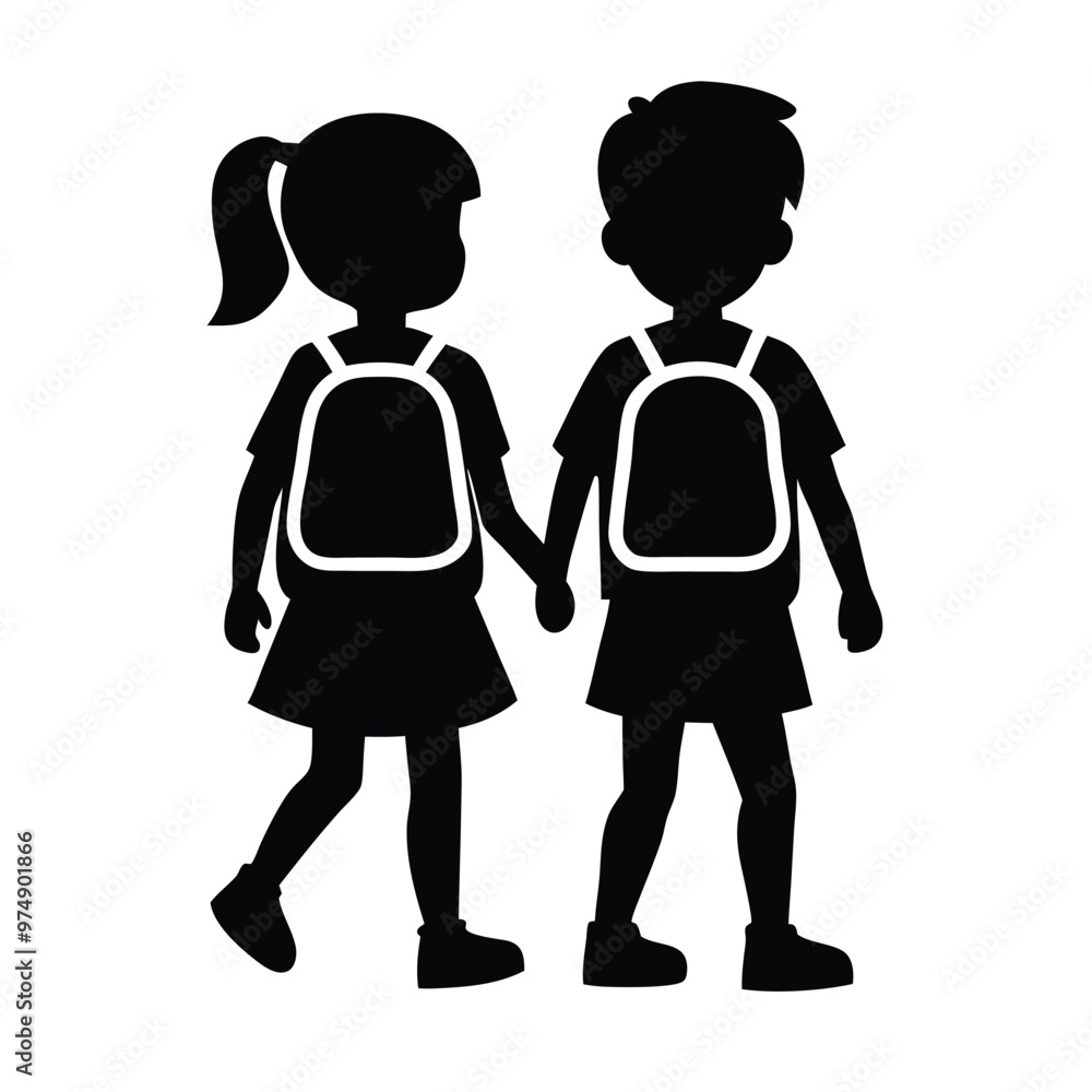 two Happy siblings Children with backpacks going to the school, vector silhouette two Happy siblings Children with backpacks going to the school, vector silhouette