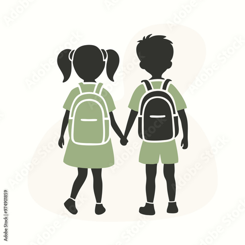 two Happy siblings Children with backpacks going to the school, vector silhouette 