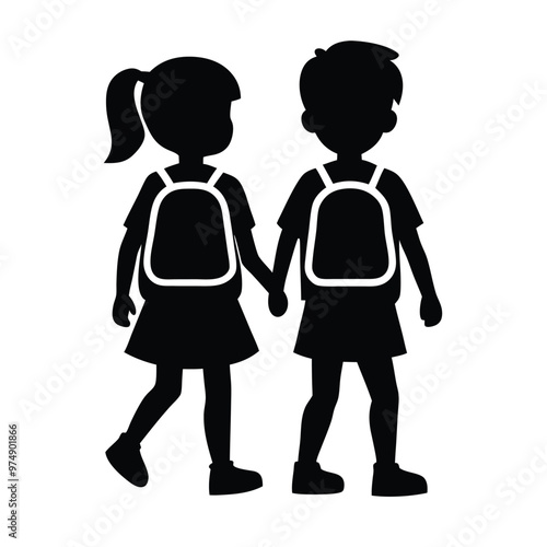 two Happy siblings Children with backpacks going to the school, vector silhouette 
