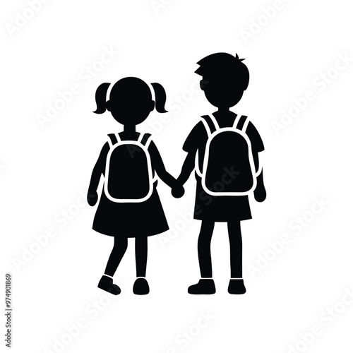 two Happy siblings Children with backpacks going to the school, vector silhouette 