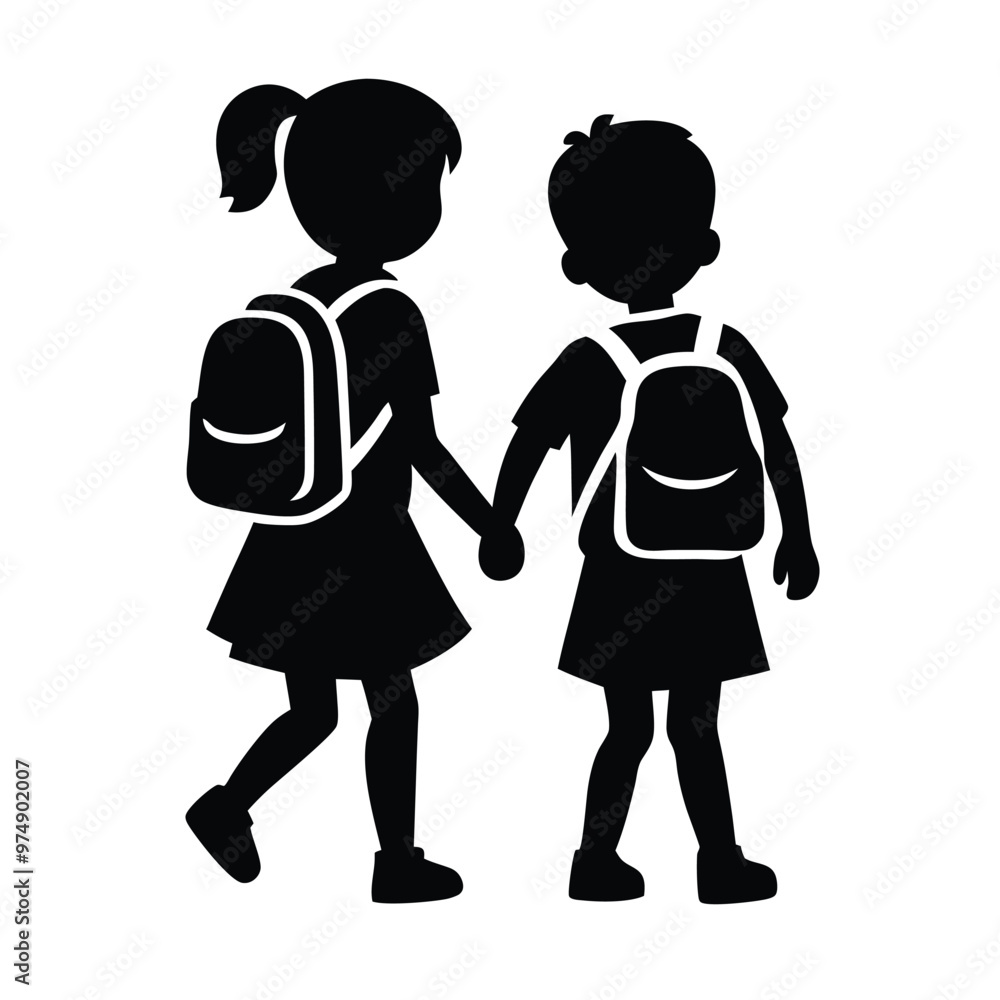two Happy siblings Children with backpacks going to the school, vector silhouette two Happy siblings Children with backpacks going to the school, vector silhouette