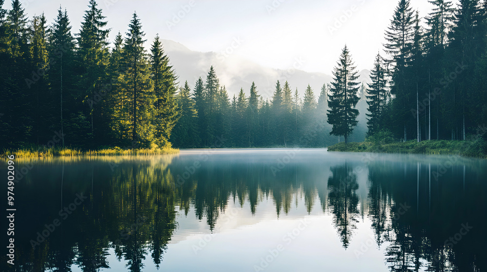 Peaceful morning at a misty lake surrounded by tall evergreen trees and gentle mountain slopes Peaceful morning at a misty lake surrounded by tall evergreen trees and gentle mountain slopes