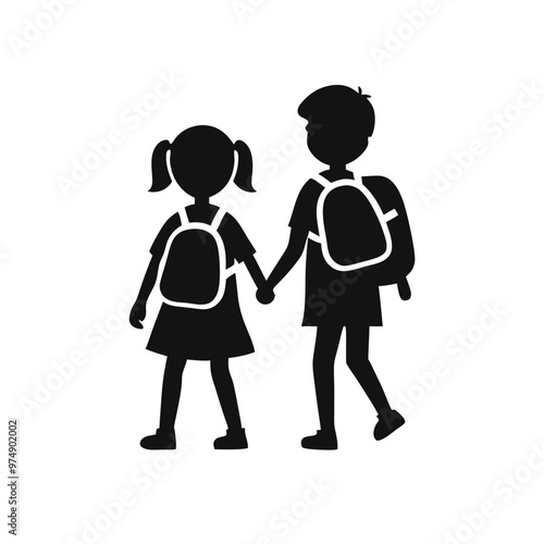 two Happy siblings Children with backpacks going to the school, vector silhouette 