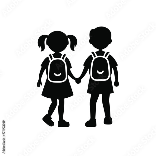 two Happy siblings Children with backpacks going to the school, vector silhouette 