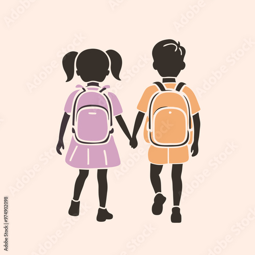 two Happy siblings Children with backpacks going to the school, vector silhouette 