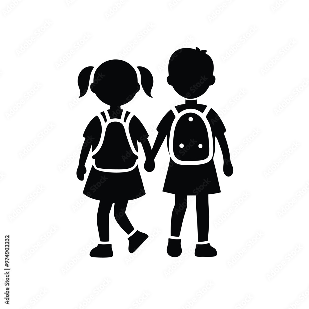 two Happy siblings Children with backpacks going to the school, vector silhouette two Happy siblings Children with backpacks going to the school, vector silhouette