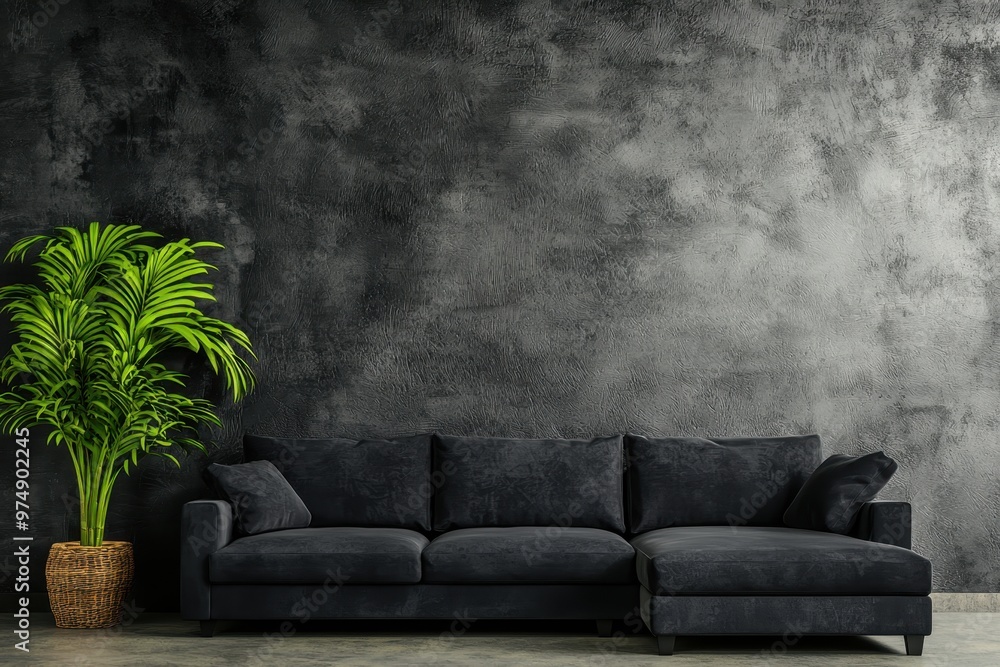 A grey corner sofa is positioned against a concrete wall, complemented by a framed piece of art, in a minimalist loft-style modern living room........ A grey corner sofa is positioned against a concrete wall, complemented by a framed piece of art, in a minimalist loft-style modern living room........
