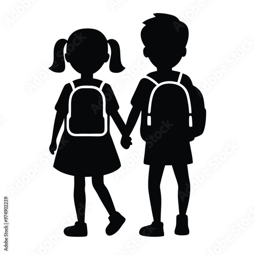 two Happy siblings Children with backpacks going to the school, vector silhouette 