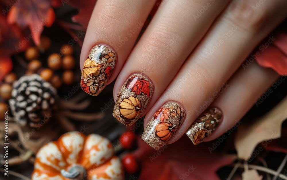 Festive fall nail art featuring golden leaves and pumpkins in a cozy autumn setting with candles and flowers Festive fall nail art featuring golden leaves and pumpkins in a cozy autumn setting with candles and flowers