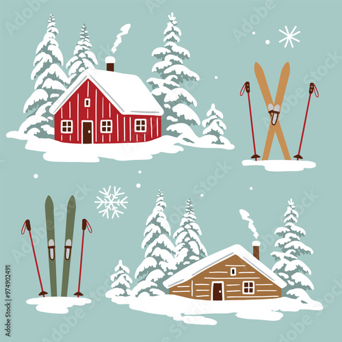 Hand drawn vector snowy woodhouse and ski equipment. Perfect for greeting card, poster, invitation or clip art. EPS 10 vector file.