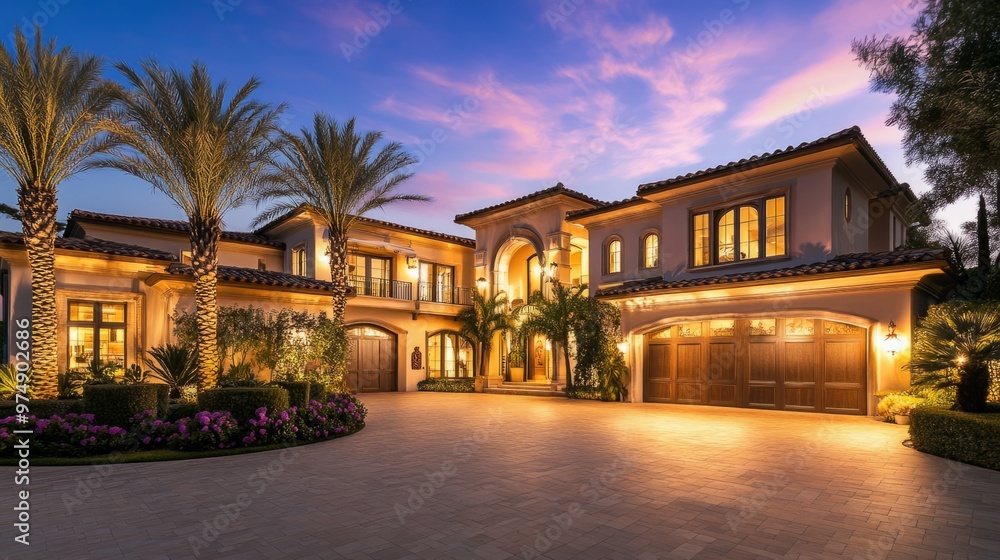Luxurious Mediterranean Villa Exterior at Dusk with Warm Lighting, Showcasing Elegant Architecture and Upscale Living. A Stunning Real Estate Presentation Featuring a Modern Mansion with Palm Trees, L Luxurious Mediterranean Villa Exterior at Dusk with Warm Lighting, Showcasing Elegant Architecture and Upscale Living. A Stunning Real Estate Presentation Featuring a Modern Mansion with Palm Trees, L