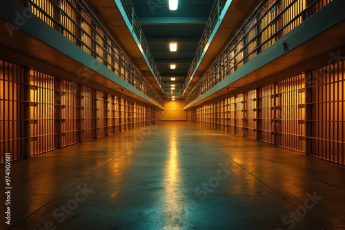 Wallpaper Mural An interior view of an empty prison corridor with metal-bar cells on two levels, illuminated by overhead lights, creating a stark and somber atmosphere........ Torontodigital.ca