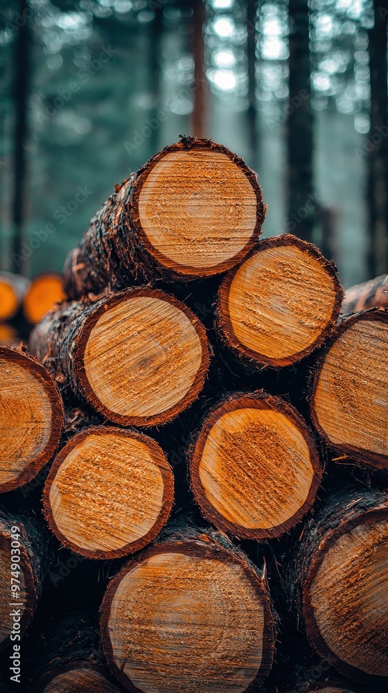 A wide banner or panorama showcasing a pile of log trunks, highlighting the timber harvesting process in the forest and the logging industry........ A wide banner or panorama showcasing a pile of log trunks, highlighting the timber harvesting process in the forest and the logging industry........