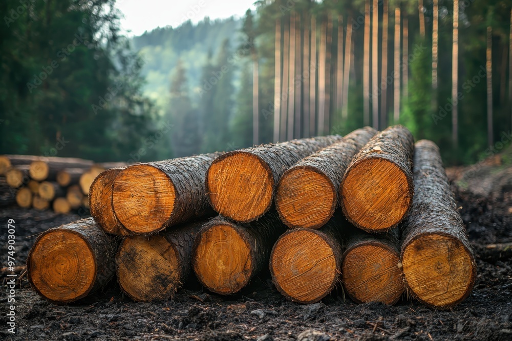 A wide banner or panorama showcasing a pile of log trunks, highlighting the timber harvesting process in the forest and the logging industry........ A wide banner or panorama showcasing a pile of log trunks, highlighting the timber harvesting process in the forest and the logging industry........
