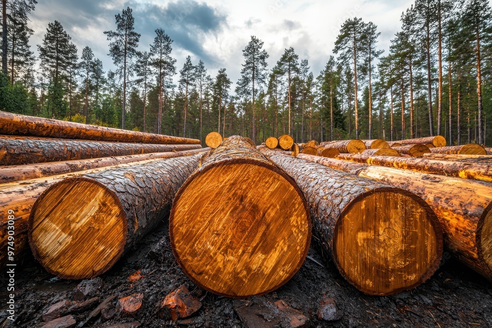 A wide banner or panorama showcasing a pile of log trunks, highlighting the timber harvesting process in the forest and the logging industry........