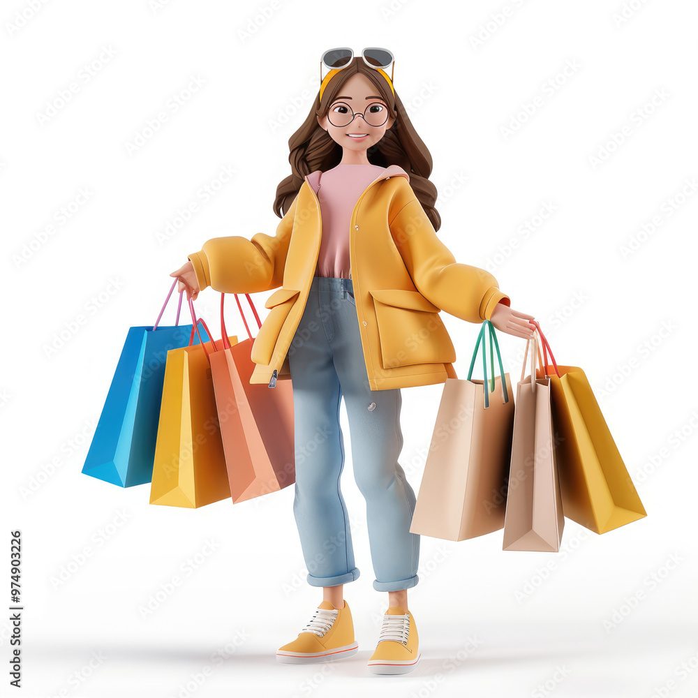3d cartoon animation of a girl yellow jacket and jeans   with shopping bags on plain white background 