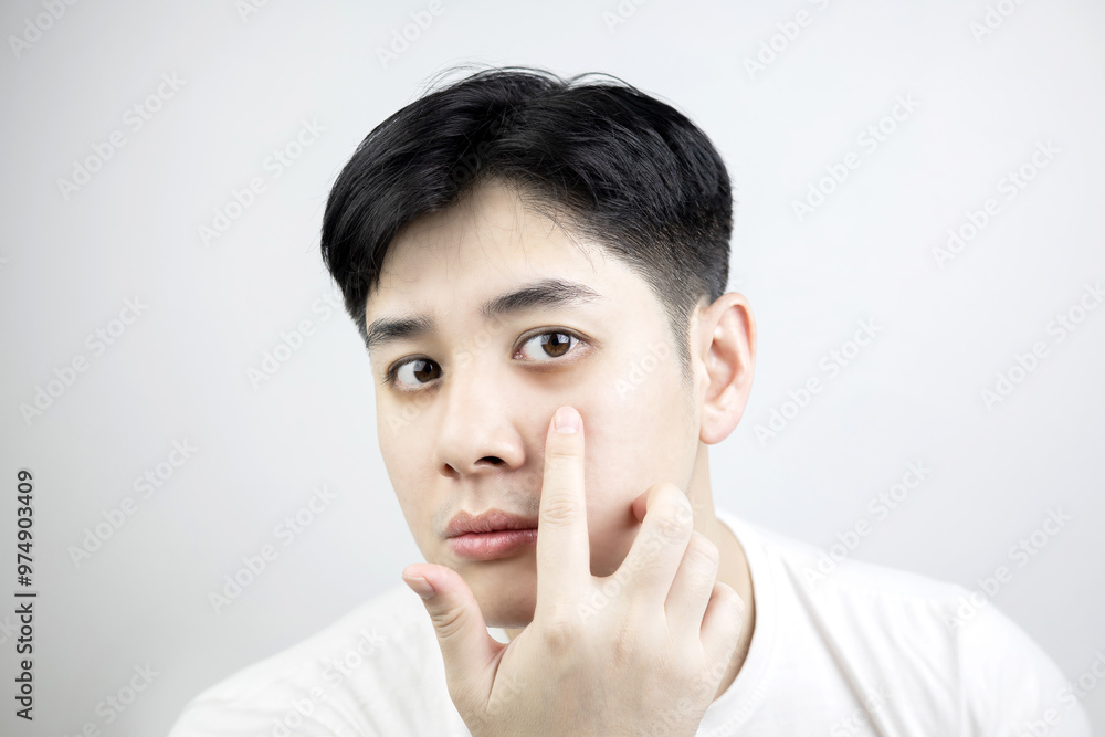 Portrait of young Asian man showing dark circle under eye around sensitive skin on white background. concept of health care Inadequate rest, sleep deprivation, anxiety and stress Portrait of young Asian man showing dark circle under eye around sensitive skin on white background. concept of health care Inadequate rest, sleep deprivation, anxiety and stress