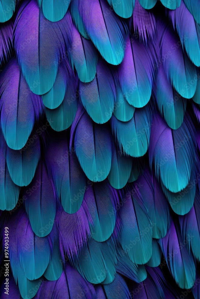 Fototapeta premium Colorful feathers pattern abstract background. Textile and fashion concept. Illustration for wallpaper, design, textile. Close-up of gradient plumage texture