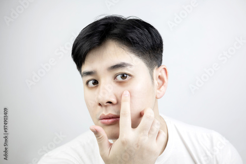 Portrait of young Asian man showing dark circle under eye around sensitive skin on white background. concept of health care Inadequate rest, sleep deprivation, anxiety and stress