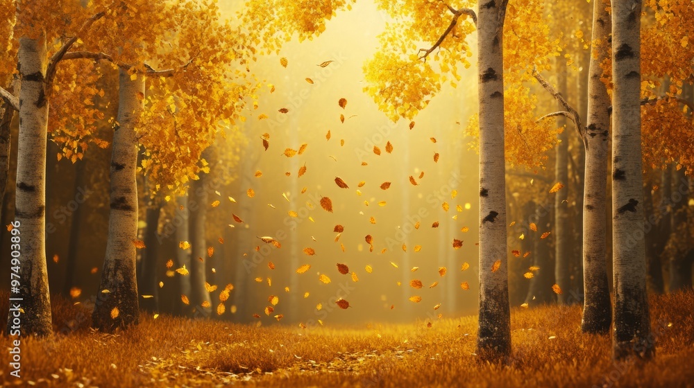 Fototapeta premium Yellow autumn leaves falling from trees, serene forest scene,