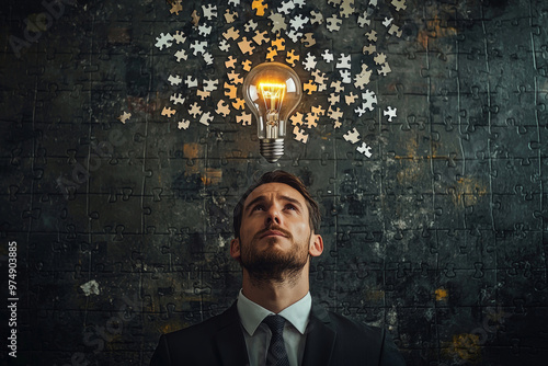 A man in suit gazes upward, contemplating lightbulb made of puzzle pieces floating above him, symbolizing creativity and inspiration. background features textured wall with scattered puzzle pieces, en