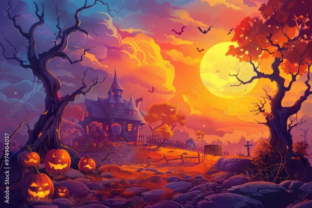 Creepy Castle Under Full Moon on Halloween Night.. Creepy Castle Under Full Moon on Halloween Night..