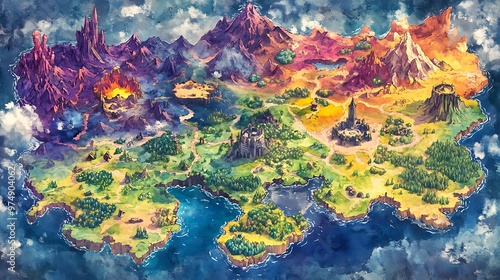 Fototapeta Naklejka Na Ścianę i Meble -  Fantasy world map with different biomes, mountains, oceans, and castles. Perfect for game design, fantasy art, and adventure stories.