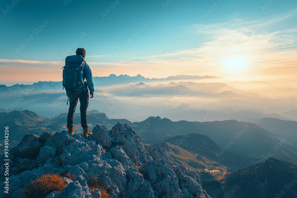 A person looking out at horizon from mountain, surrounded by breathtaking landscapes and serene atmosphere. scene captures beauty of nature and sense of adventure A person looking out at horizon from mountain, surrounded by breathtaking landscapes and serene atmosphere. scene captures beauty of nature and sense of adventure
