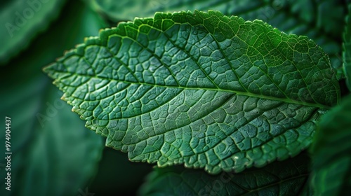 A close-up view of a single green leaf with prominent veins.