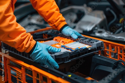 Wallpaper Mural A man in an orange jacket is working on a car engine, generative ai image Torontodigital.ca