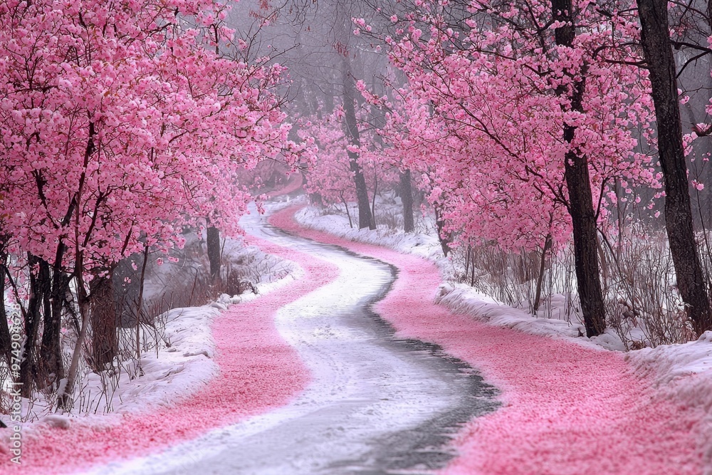 A snow-covered path winds through trees adorned with pink blossoms, creating a striking contrast on a cold winter day..