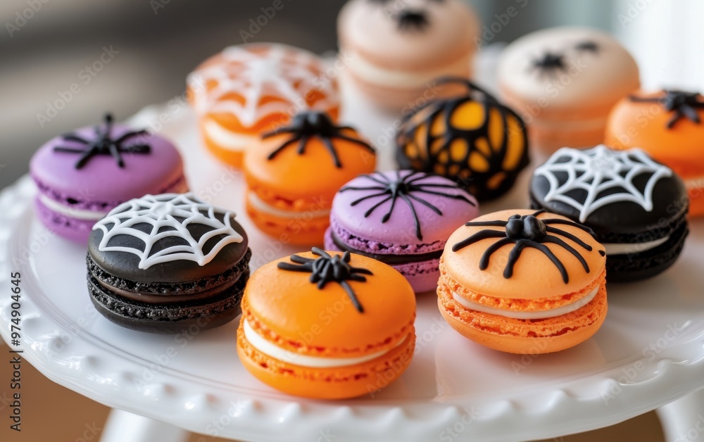 Halloween macarons arranged on a white platter with vibrant designs of spider webs and pumpkins for festive celebrations Halloween macarons arranged on a white platter with vibrant designs of spider webs and pumpkins for festive celebrations