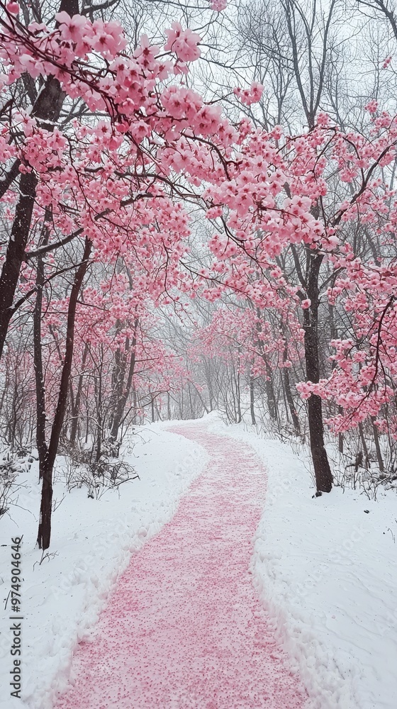 A snow-covered path winds through trees adorned with pink blossoms, creating a striking contrast on a cold winter day.. A snow-covered path winds through trees adorned with pink blossoms, creating a striking contrast on a cold winter day..