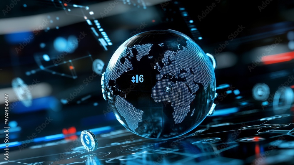 Fototapeta premium A 3D of a globe on a digital background, symbolizing global business, finance, connectivity, technology, and growth.