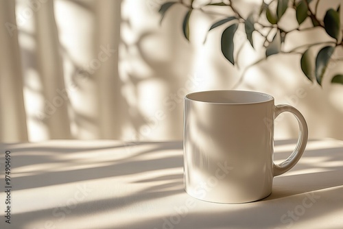 Minimalistic white blank coffee mug with smooth surface for customizable designs in bright natural light new beautiful stock image illustration AI