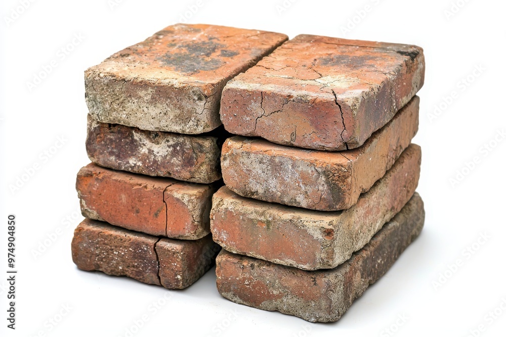 A stack of aged, weathered bricks with visible cracks and imperfections, isolated on a white background, highlighting rustic and rough textures.. A stack of aged, weathered bricks with visible cracks and imperfections, isolated on a white background, highlighting rustic and rough textures..
