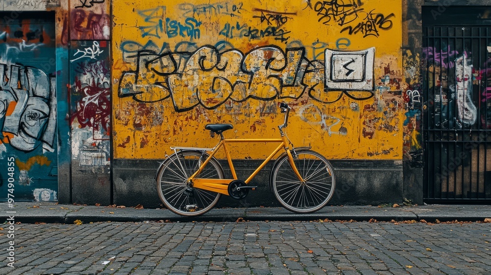Naklejka premium Yellow bicycle parked against a graffiti-covered wall, street style,