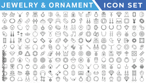 Jewelry &  Ornament icon set . Simple Set of Jewelry Related Vector Line Icons.outline icons related to jewelry, necklace. Linear icon collection. Editable stroke. Vector illustration